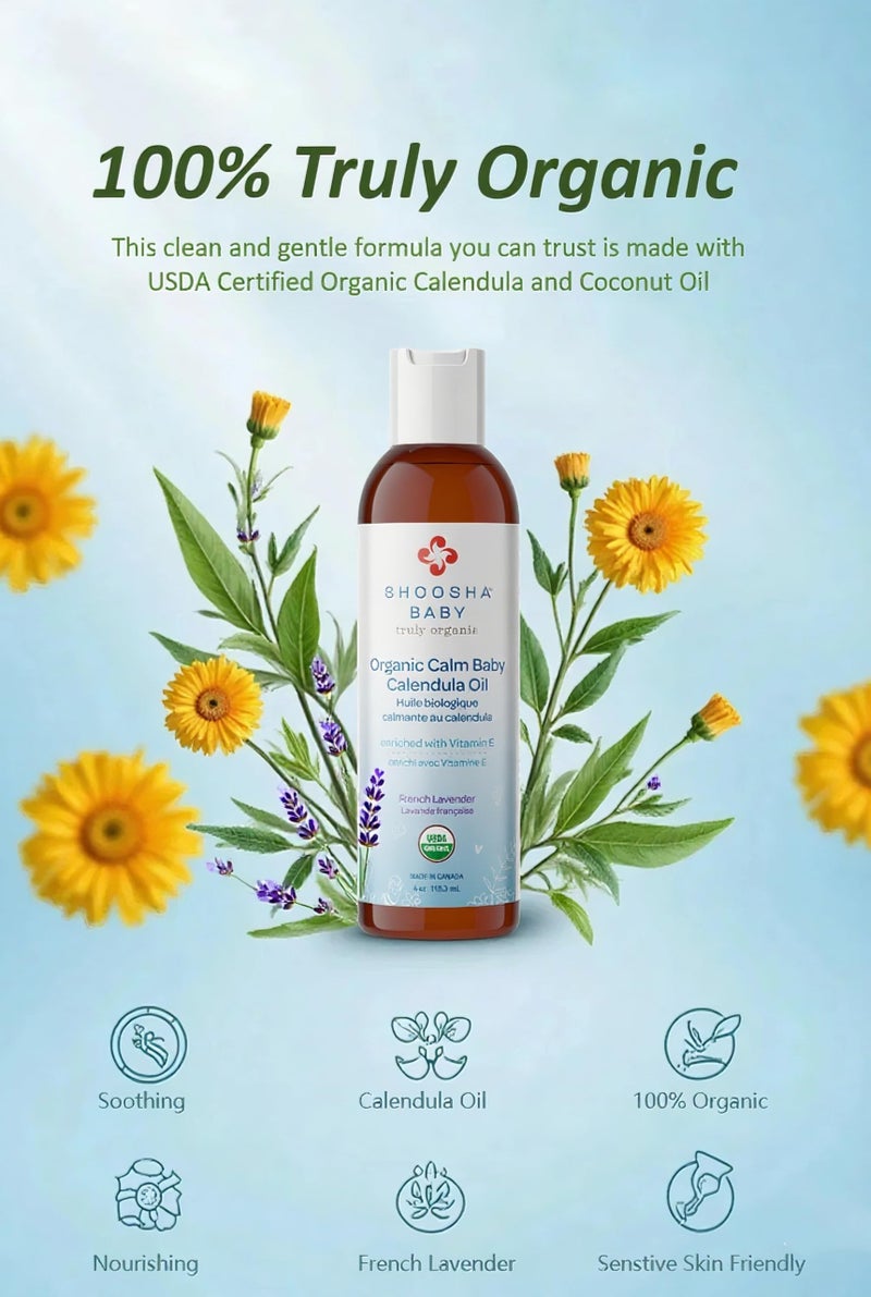 Shoosha Organic Calendula Oil French Lavender, for Babies, Real Calendula Oil, Calendula Massage Oil Moisturizer, Hypoallergenic, Gluten-Free, 100% Biodegradable - Image 3